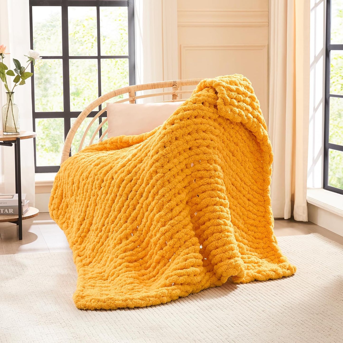 L'AGRATY Chunky Knit Throw Blanket - 40x50: 100% Hand-Knitted Chenile Crochet Blanket For Home Decor (Mustard Yellow)