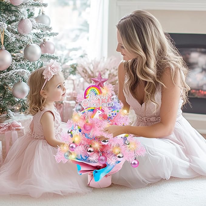 2FT Pink Mini Christmas Tree with Unicorn Theme - 24 Inch Tabletop Artificial Tree with Warm LED Lights, Star Topper, DIY Ornaments, Small Xmas Tree Holiday Decoration for Kids, Family, Home, Office