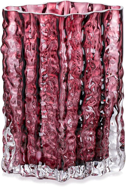 Glass Vase for Centerpieces, Diamond Shaped Vase for Flower, Modern Glacier Glass Vase for Home, Office Restaurant Desk Decor 8.3 Inch(Wine Red)
