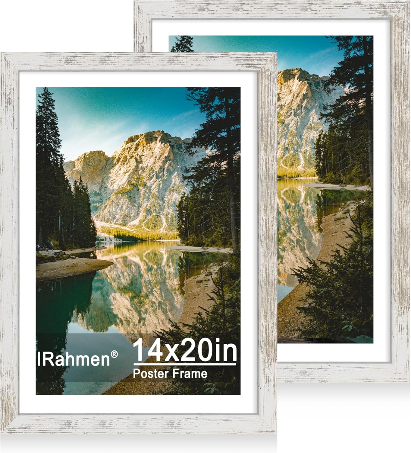 iRahmen 14x20 Picture Frame Set of 2 with Plexiglass, Display 12x18 Photo with Mat or 14 x 20 Without Mat, Rustic Wood Poster Frame for Wall Mounting