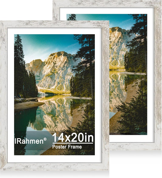 iRahmen 14x20 Picture Frame Set of 2 with Plexiglass, Display 12x18 Photo with Mat or 14 x 20 Without Mat, Rustic Wood Poster Frame for Wall Mounting