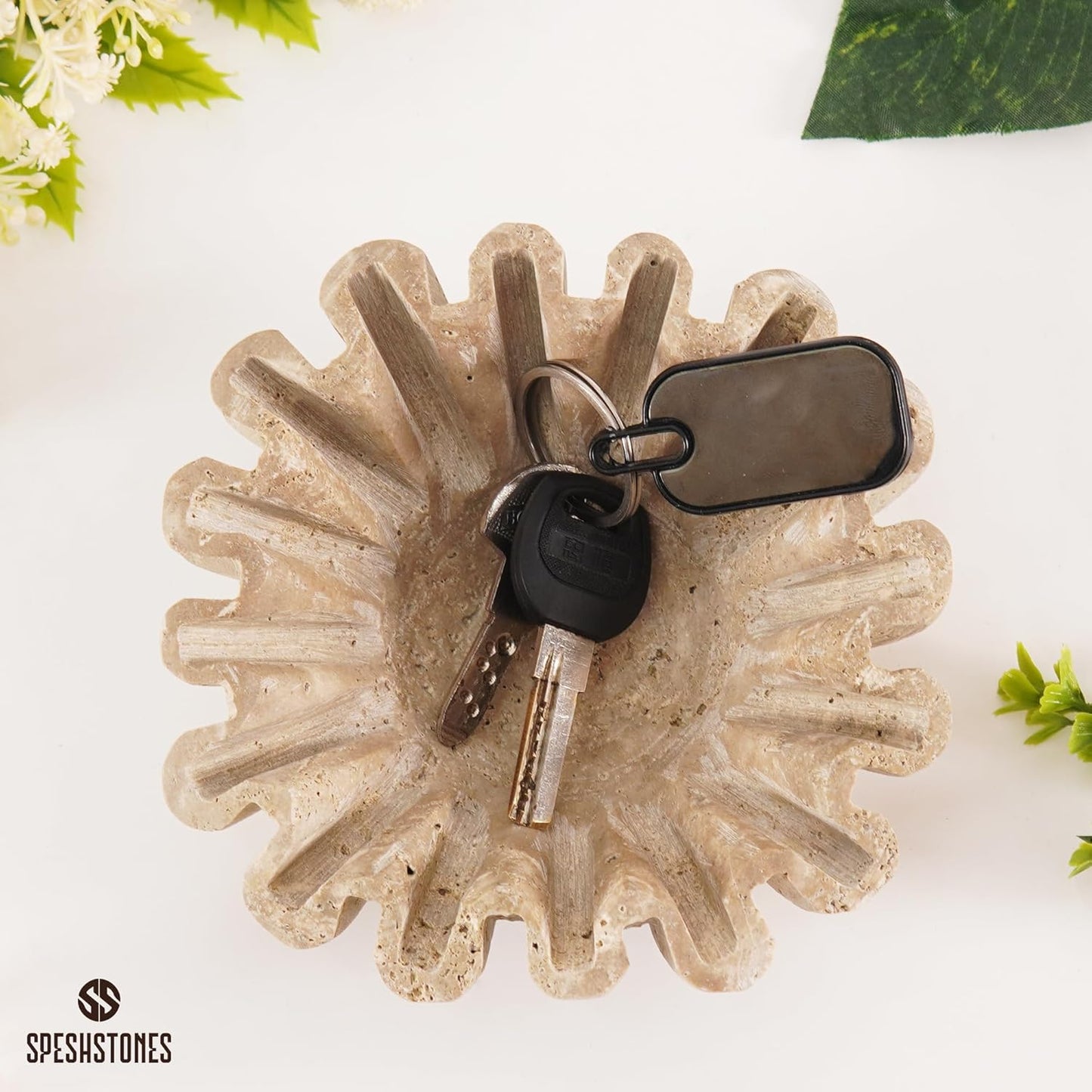 Marble Ruffle Bowl 6 Inch Handmade Travertine Small Decorative Key Bowl for Entryway Tables - Scalloped Bowls for Dining, Coffee Table Centerpieces & Home Decor