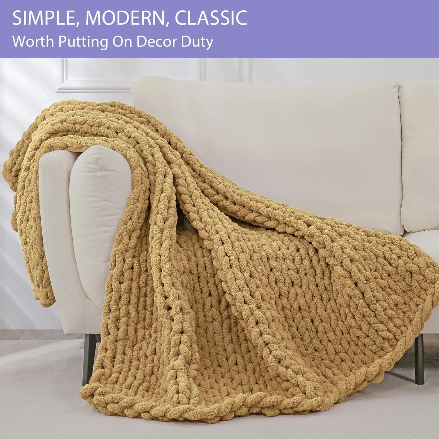 Bigacogo Chunky Knit Throw Blanket for Couch, 51x63 inches, 100% Hand Knitted with Thick Jumbo Chenille Yarn, Cozy Soft Large Rope Knot Cable Crochet Blankets for Sofa Bed Living Room, Goldenrod