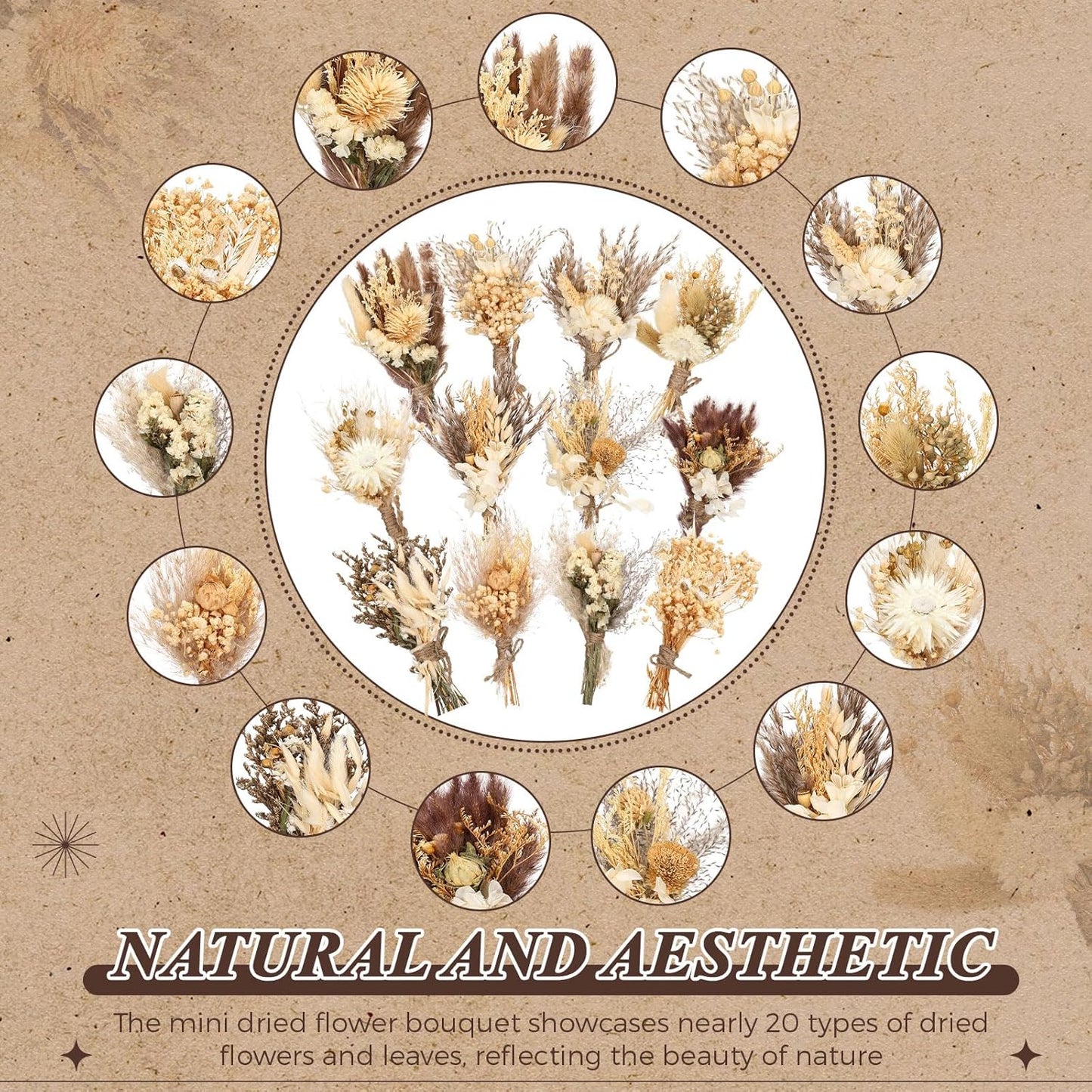 Layhit 24 Pcs Boho Dried Flower Bouquet Mini Wedding Handmade Dry Flowers Decor for Vase Crafts DIY Photo Boutonniere for Men Floral Plant for Bridesmaid Gift Birthday Decor(Stylish)