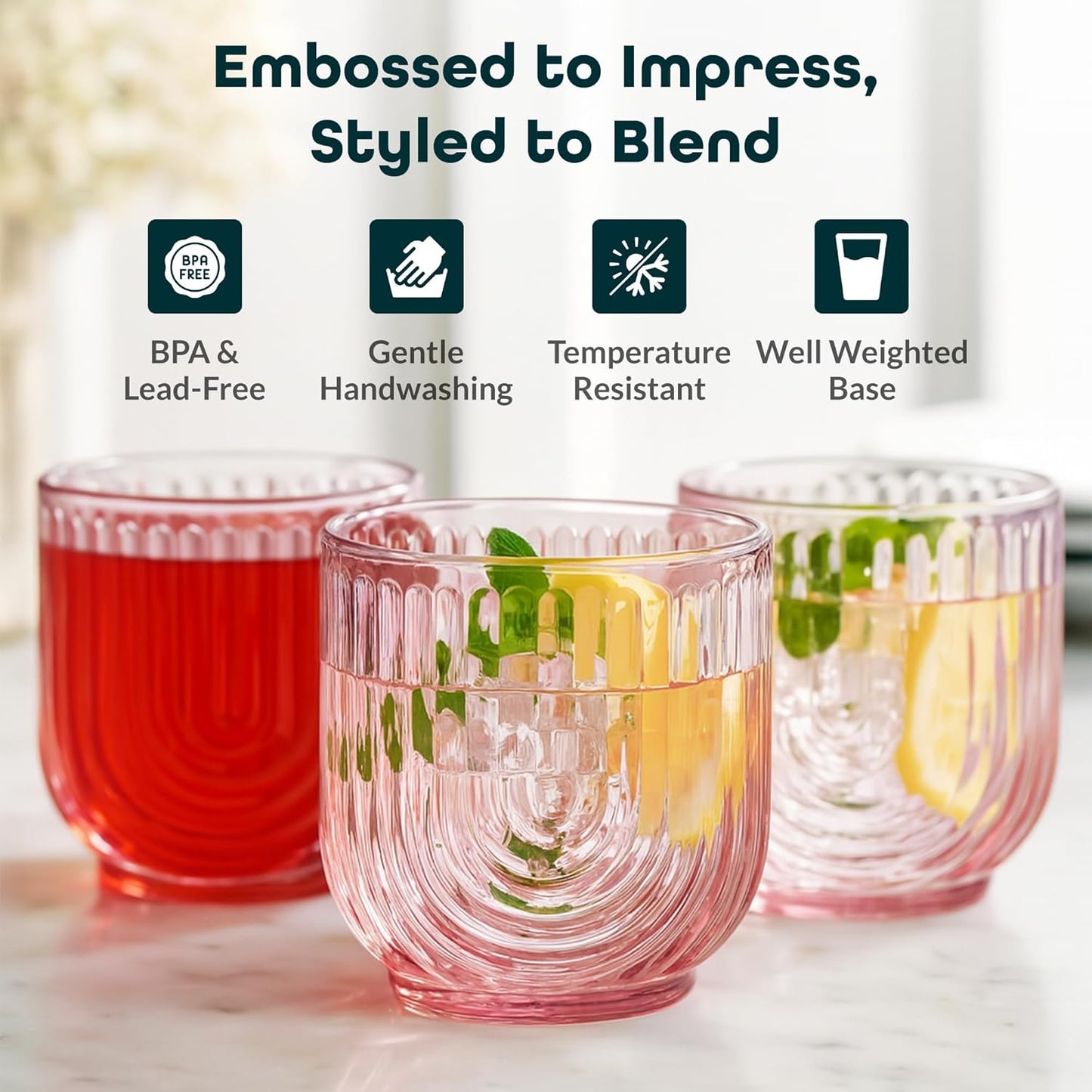 Glaver's Vintage Glassware Art Deco Glasse Ribbed Drinking Glasses U-Shape Arch Design Colored Cocktail Kitchen Tumblers Everyday Dinner Decorative Party (Pink S/4 11oz)