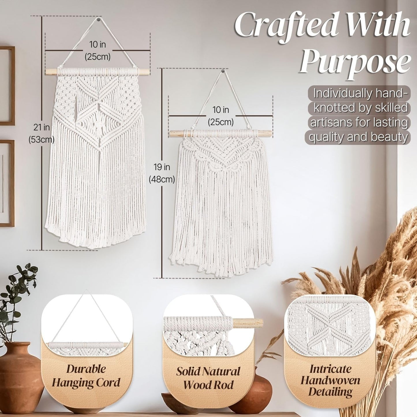 Flexzion Macrame Wall Hanging Bunting Banner Tapestry Art (2 Pack 20 Inch Cream White Cotton) Hand Woven Bohemian Wall Decor for Boho Home Bedroom Living Room Curtain Garland Baby Nursery Rustic