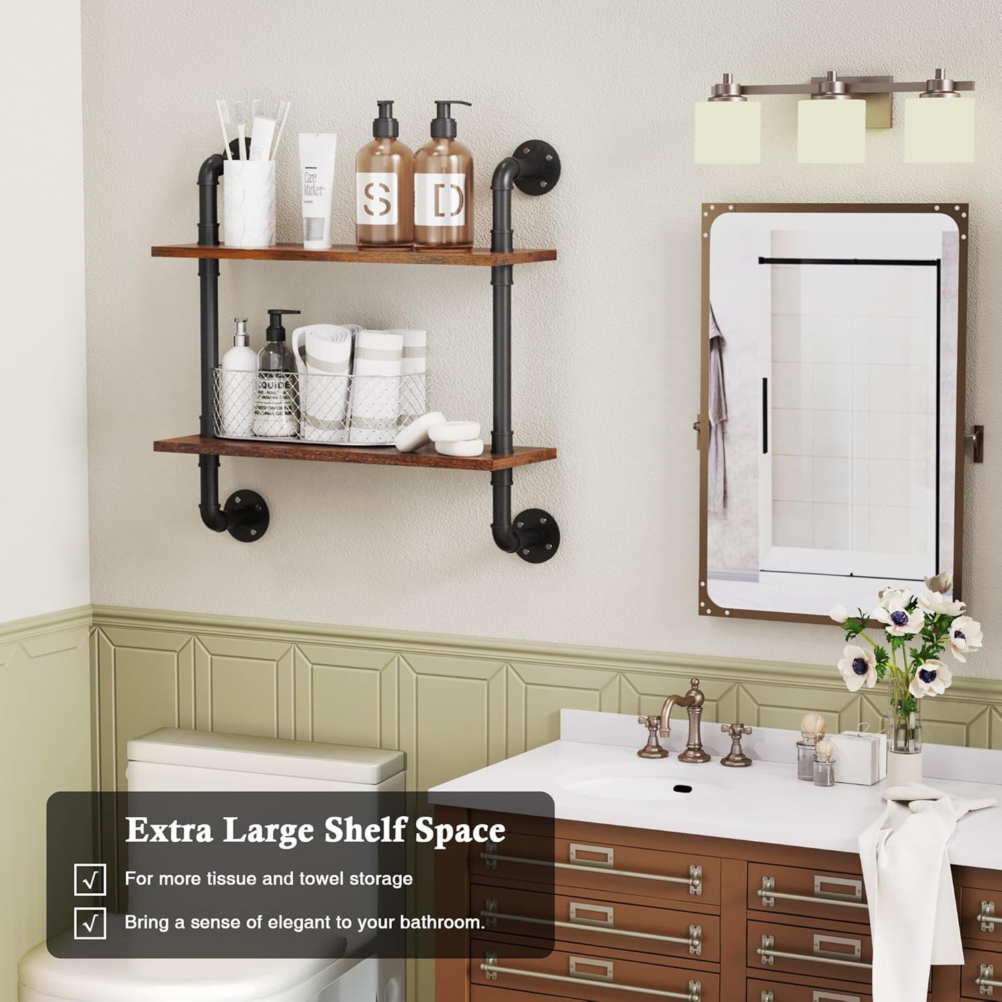 Merapi 24" Industrial Floating Shelves, Pipe Shelves for Wall, 2 Tier Rustic Wood Wall Shelves for Home Décor, Bedroom, Living Room, Bathroom