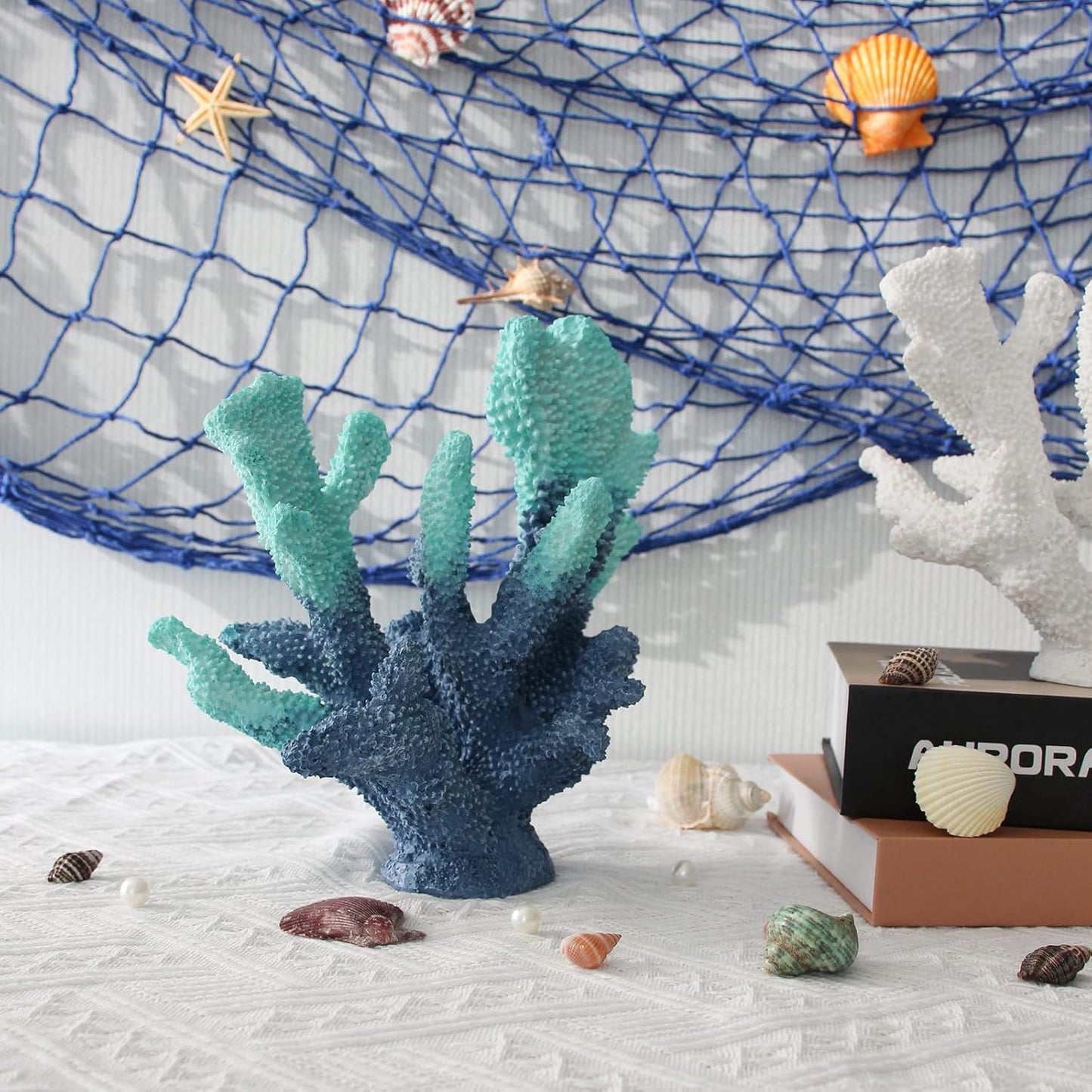 Blue Resin Coral Decorations Artificial Coral Statue Home Décor Accents Hawaiian Beach Decorations for Home Nautical Decorations Beach Themed Home Living Room Party Decor -8.2"