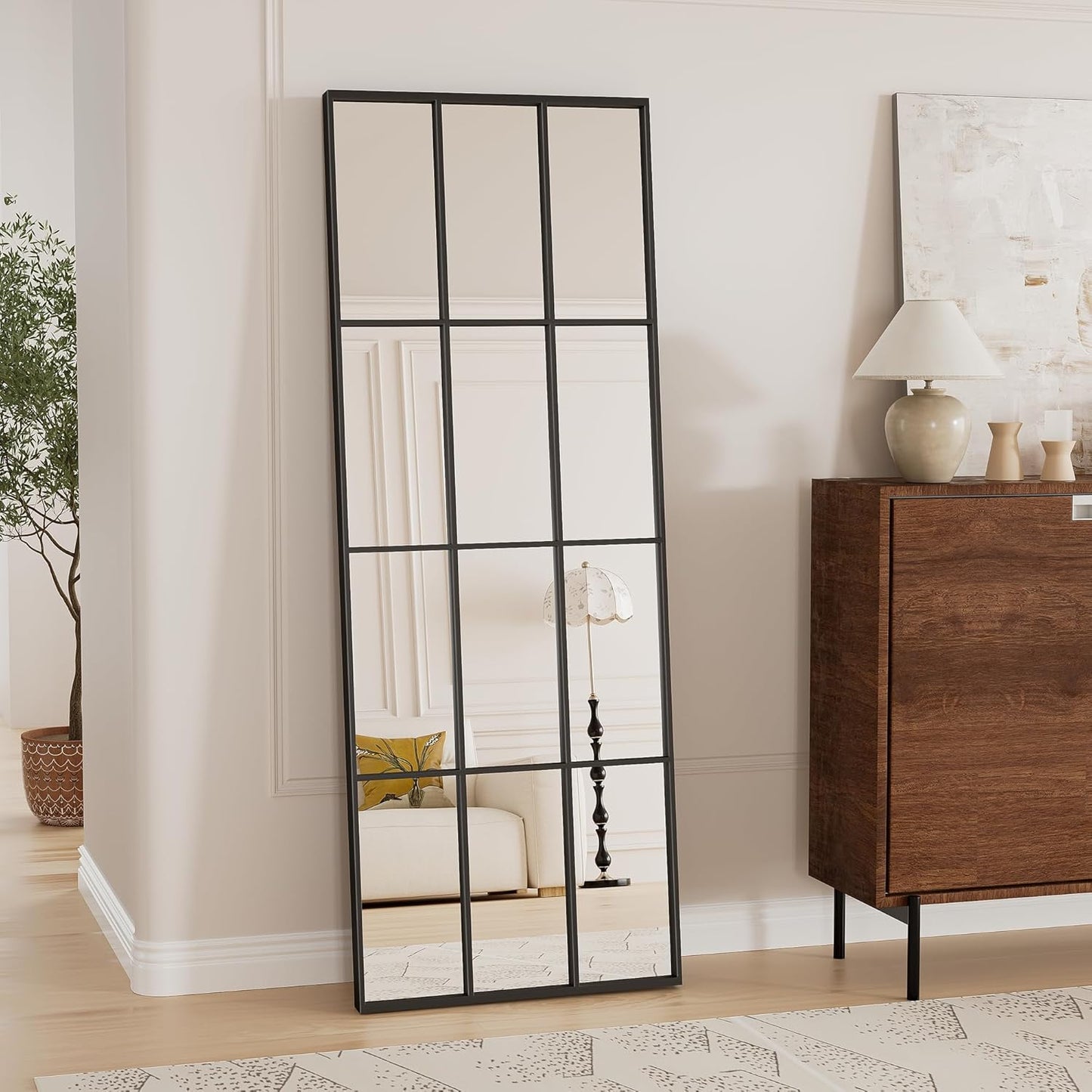 Mirror Full Length, 65"x22" Large Rectangular Mirrors, Black Window Pane Wall Body Mirror with Aluminum Frame, Farmhouse Standing Mirrors Hanging or Leaning for Living Room,No Stand