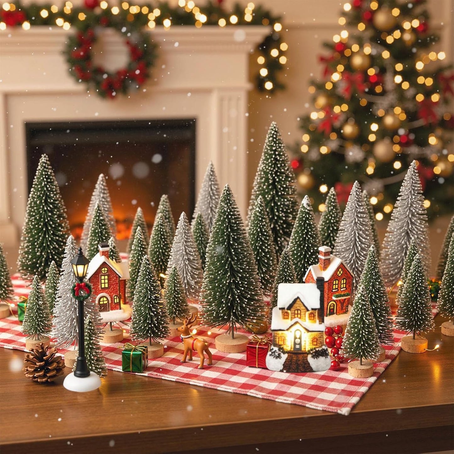 LOVEINUSA 45PCS Colorful Mini Christmas Trees, Snow Frosted Sisal Trees Colored Bottle Brush Xmas Trees with Wooden Base for Xmas Winter Home Table Decoration