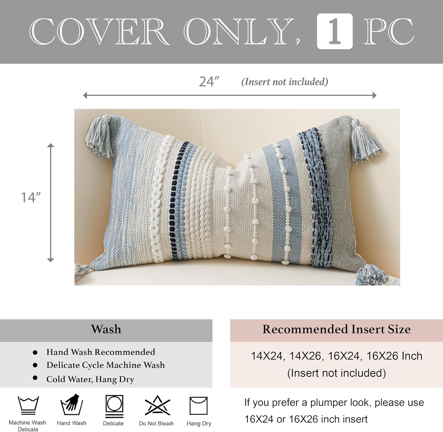 BlissBlush Decorative Lumbar Throw Pillow Cover 14x24 Boho Coastal Blue Accent Cushion for Couch Sofa Farmhouse Pillowcase for Bedroom Living Room Home Décor Cover ONLY