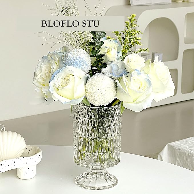BLOFLO Embossed Glass Vase, 7'' Crystal Glass Vases, Pedestal Big Base Glass Bouquet Vase, Hydroponic Glass Transparent Vase for Home Office Wedding Dining Table Party (Long Rhombus Pattern)
