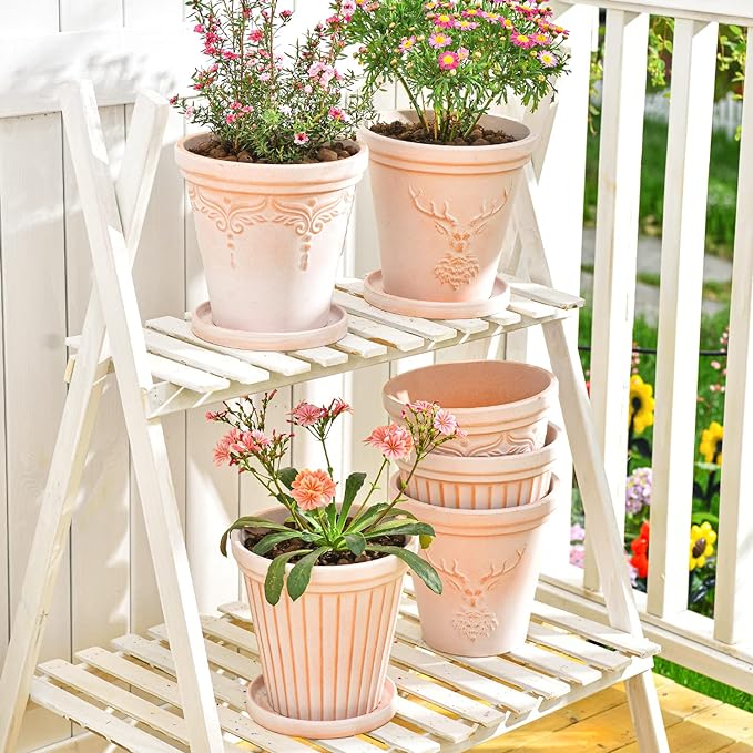 Sungmor Set of 3 Terra Cotta Pots With Saucer & Drainage Hole - 8 Inch Large & Deep Clay Planters, Unique Embossed & Pretty Color Pottery for Plants, Orchid, Cactus, Succulent