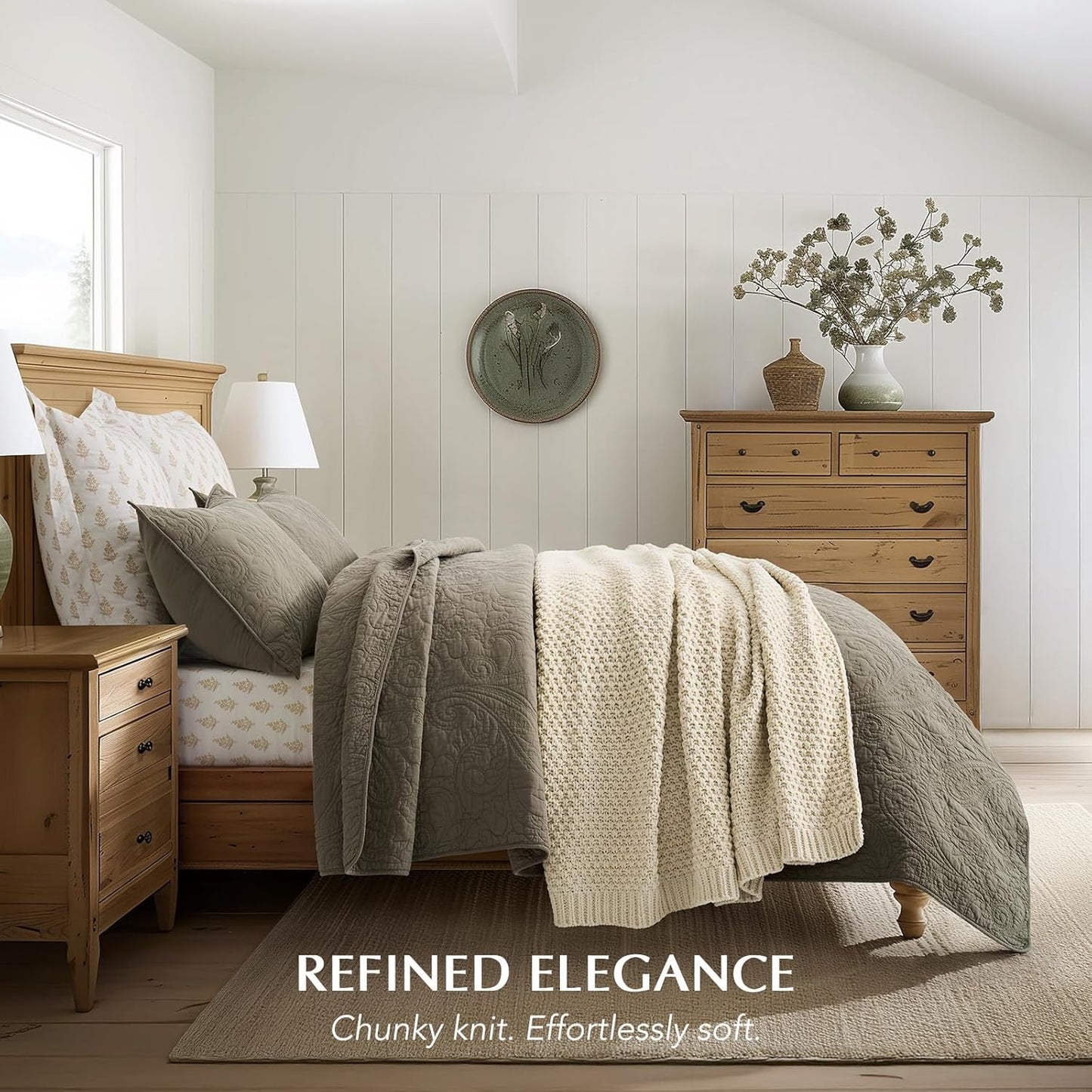 EVERGRACEHOME Chunky Chenille Knit Throw Blanket for Couch, Soft Luxurious Moss Stitch Blankets for Bed, Cozy Decorative Farmhouse Knitted Throws for Sofa, Beige, 50" x 60"