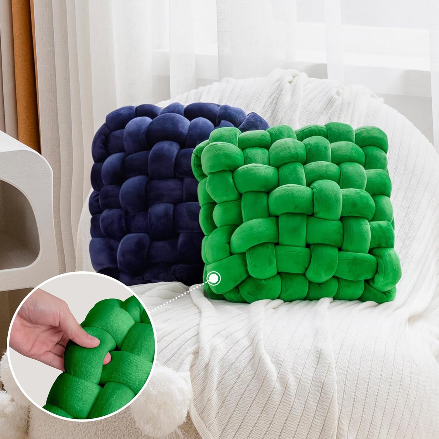 JELLYMONI Green Square Knot Throw Pillow, Small Size Home Decorative Pillow, Decorative Ins Throw Pillow, Soft Velvet Knotted Decor for Room and Couch (S- 11.8"×11.8"×3.5", Green)