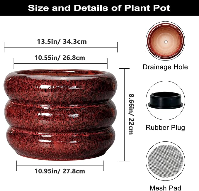 SQOWL Ceramic Planters for Indoor Plants - 13.5 Inch Plant Pot with Drainage Hole, Large Ceramic Flower Pots, Bubble Round Planter for Outdoor Plants, Room Home Office Decor, Gardening Gifts, Red