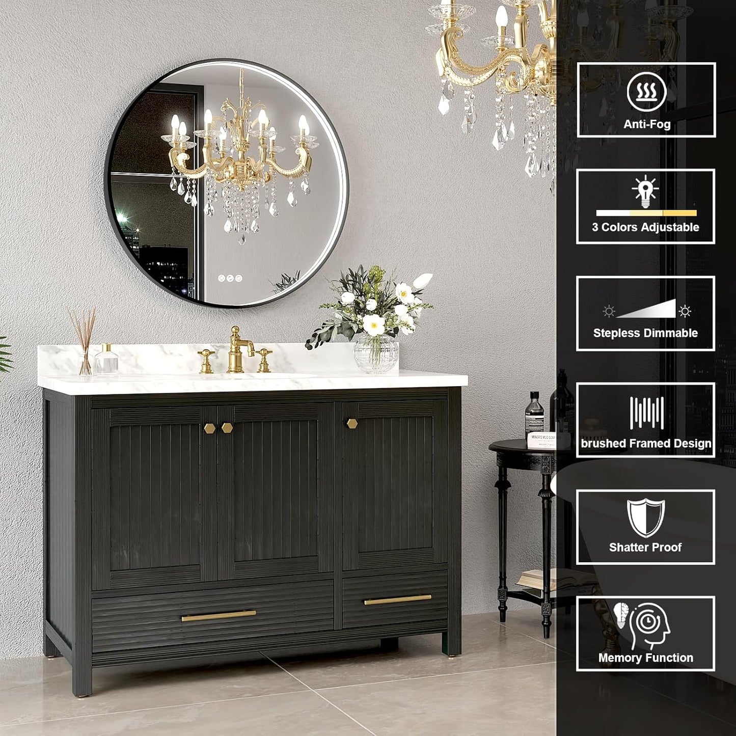 LED Bathroom Mirror with Black Framed 28 Inch, LED Mirror for Bathroom with Anti-Fog, Stepless Dimmable, Front Lit, Memory Function, Shatter-Proof