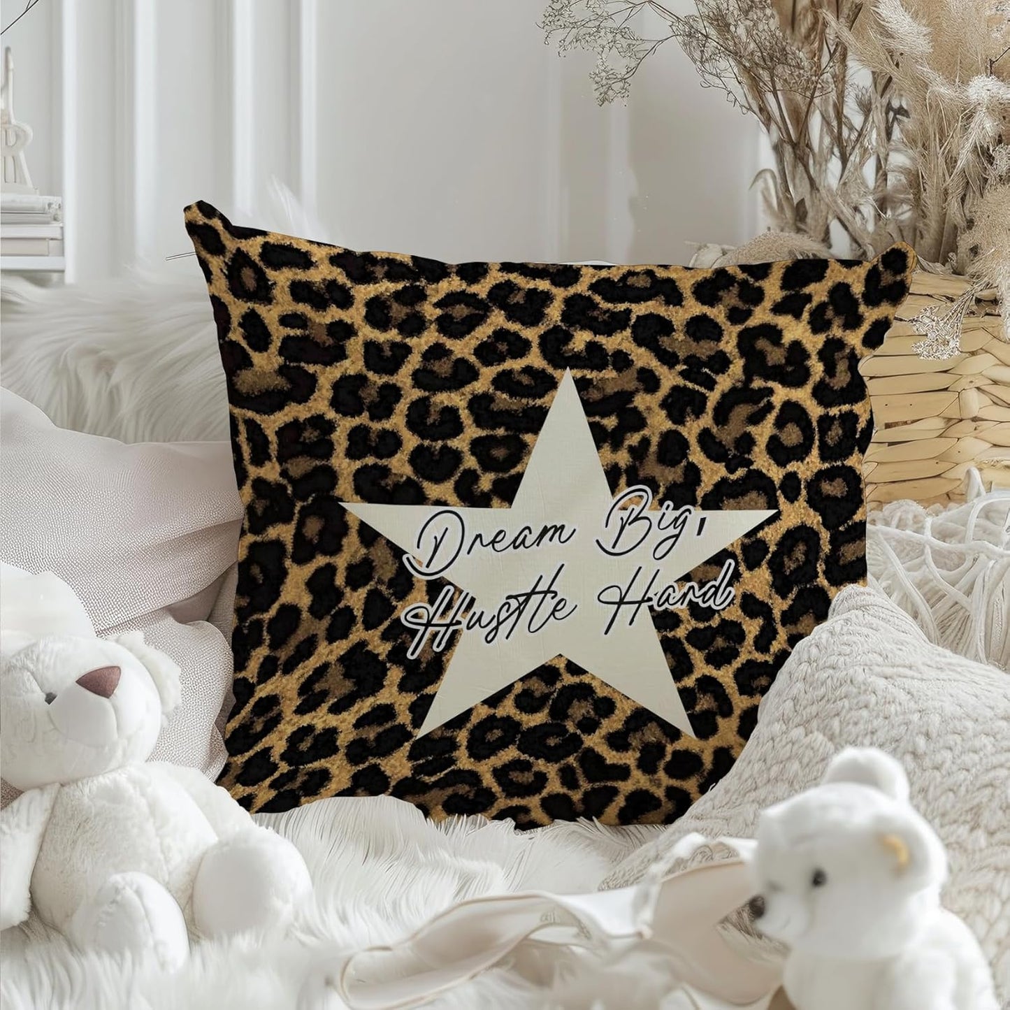 Leopard Star Lucky 8 Ball Inspirational Throw Pillow Covers 18x18, Cheetah Print Room Decor, Trendy Funky Y2K Leopard Print Decorative Pillow Covers for Girls Room Dorm Apartment Home