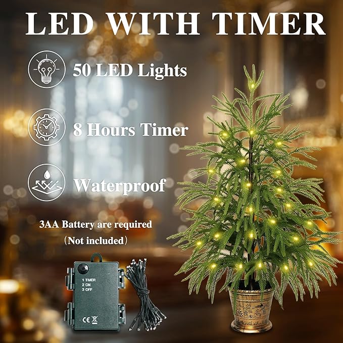 XmasExp 3ft Norfolk Pine Tree with Lights Artificial Faux Potted Christmas Tree for Front Porch Indoor Outdoor Decor