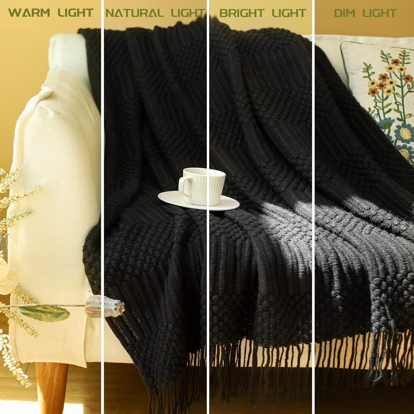 Blagic Knitted Throw Blanket for Couch, Bed and Sofa. Super Soft Blanket with Tassels, Black Throw Blanket, 50 x 60 Inches Lightweight & Cosy Home Decor