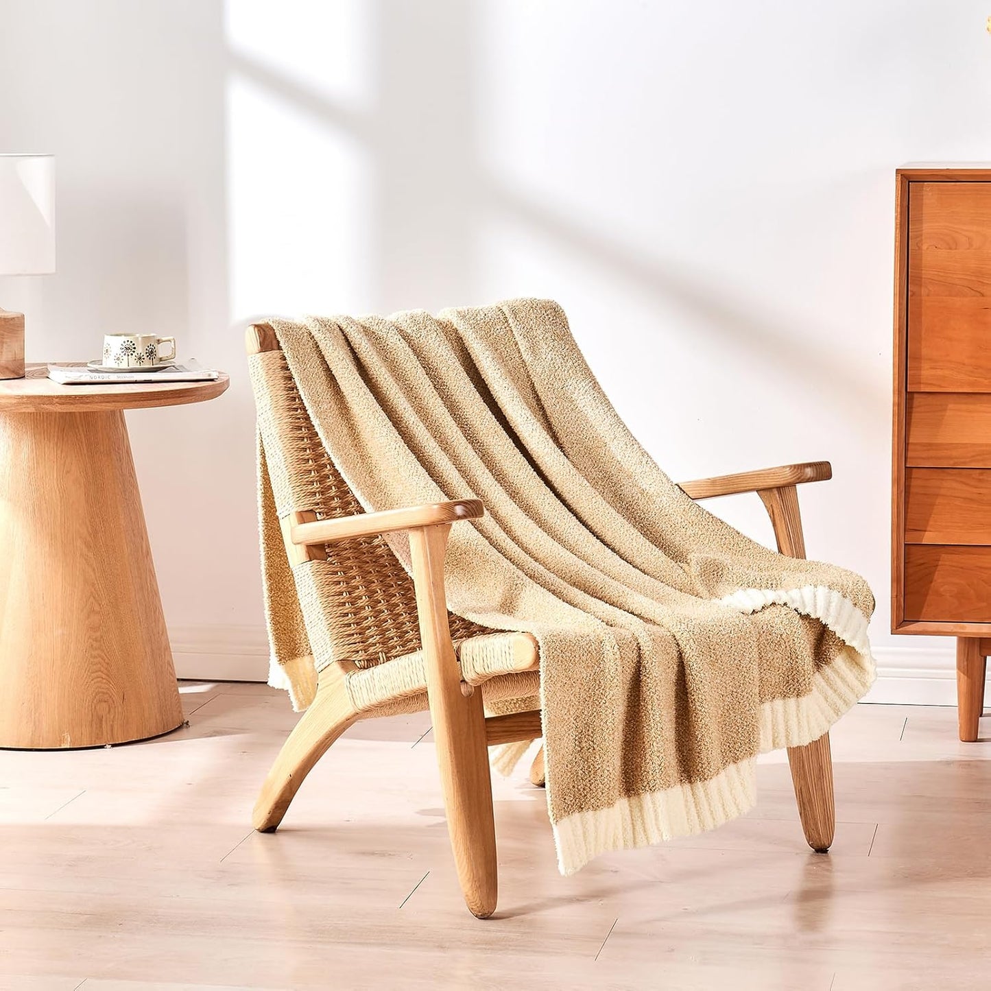 CozeCube Super Soft Fullfy Microfiber Reversible Knitted Blankets, Warm Cozy Fuzzy Plush Throw, Beige and White Melange Throw Blanket for Couch Bed Sofa, 60" x 80"