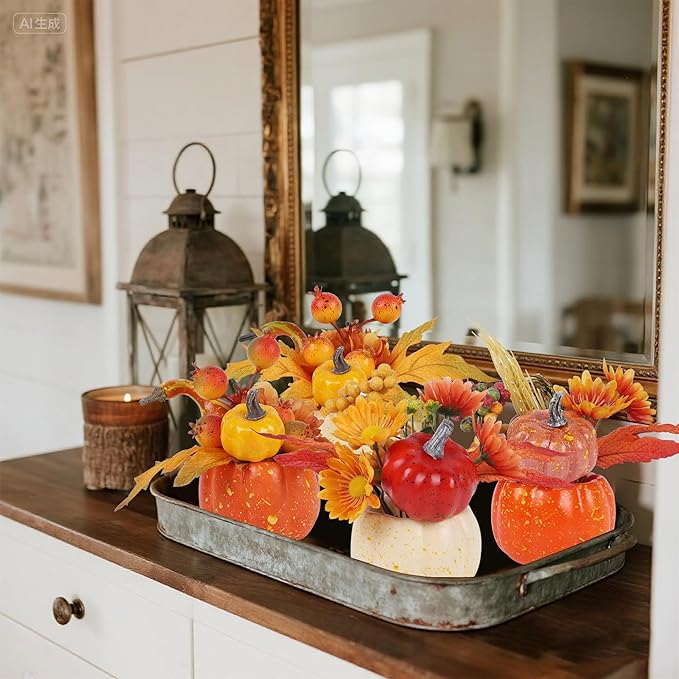 winemana Fall Decorations for Home - Set of 6 Artificial Pumpkins with Maple & Flowers, Thanksgiving Table Decor, Pumpkin Vases Centerpiece for Kitchen Office Indoor