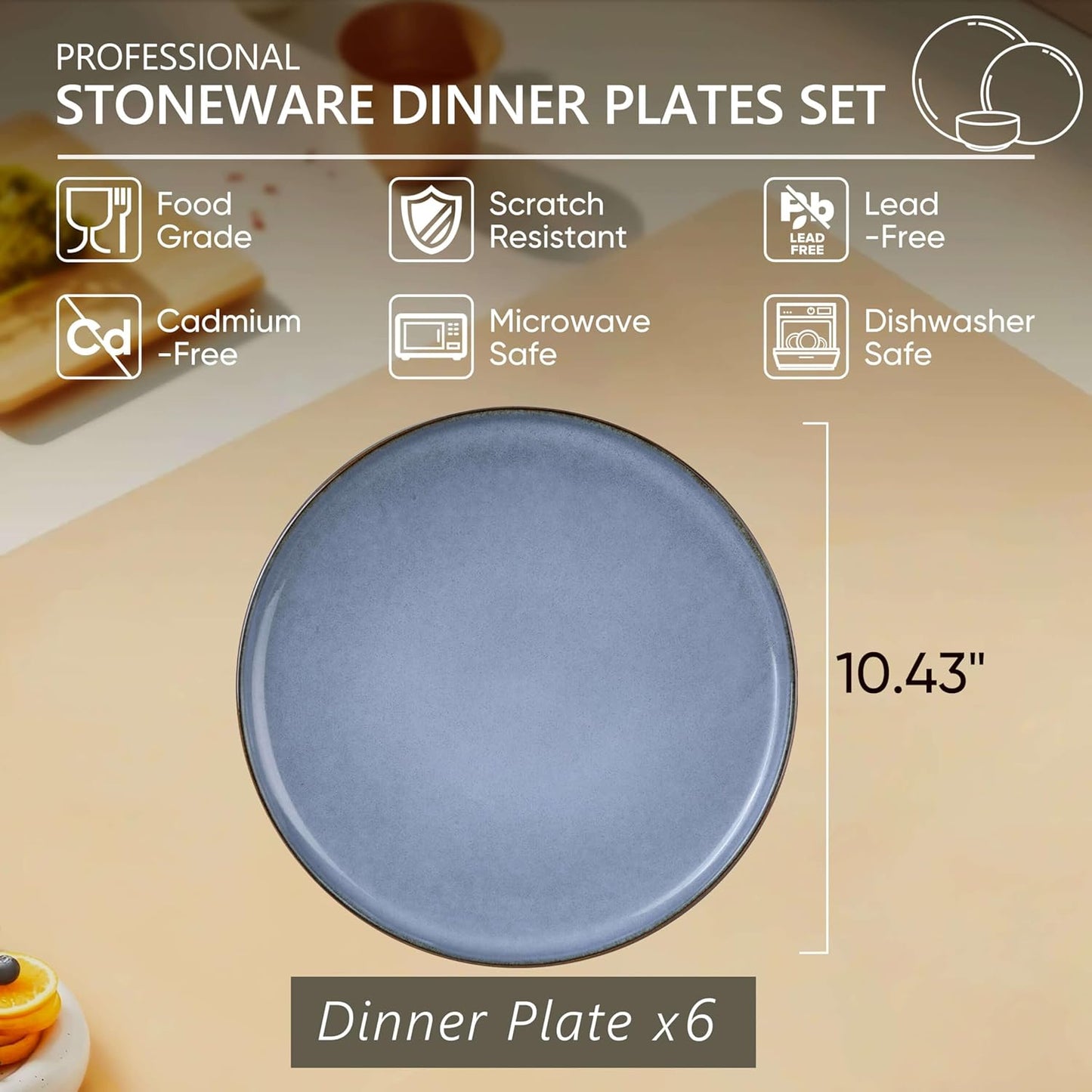 Herogo 6-Piece Stoneware Dinner Plates Set, 10.43" Ceramic Round Plate Set, Handmade Double Reactive Glaze Dinnerware Plates for Kitchen, Microwave, Oven and Dishwasher Safe, Haze Blue
