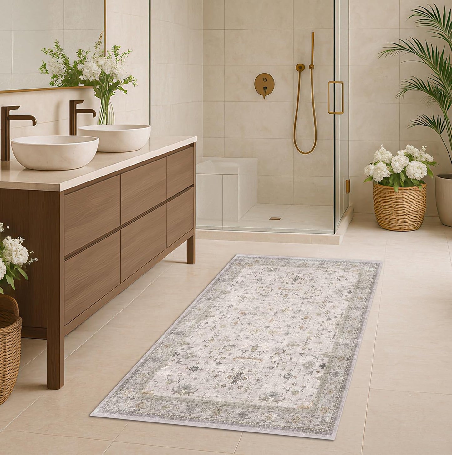 Light Grey 3x6 Large Boho Bathroom Rug - Modern Vintage Eclectic Floral Pastel Neutral Taupe, Washable Low Pile Non-Slip Area Rugs for Entryway, Kitchen, Bedroom Beside Bed
