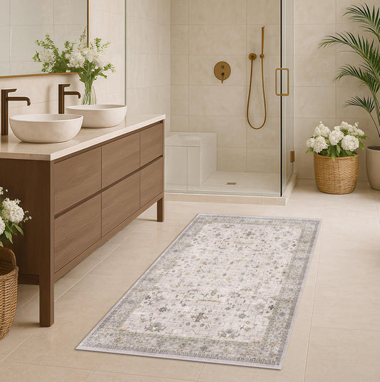 Light Grey 3x6 Large Boho Bathroom Rug - Modern Vintage Eclectic Floral Pastel Neutral Taupe, Washable Low Pile Non-Slip Area Rugs for Entryway, Kitchen, Bedroom Beside Bed