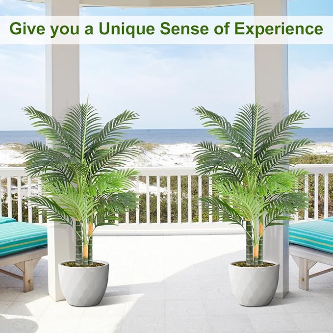 Triple Golden Cane Palm Artificial Tree 4ft Tall Large Faux Tropical Palm Tree UV Resistant Fake Plant in Pot for Indoor Outdoor Big House Living Room Patio Office Home Outside Decor 2Pack