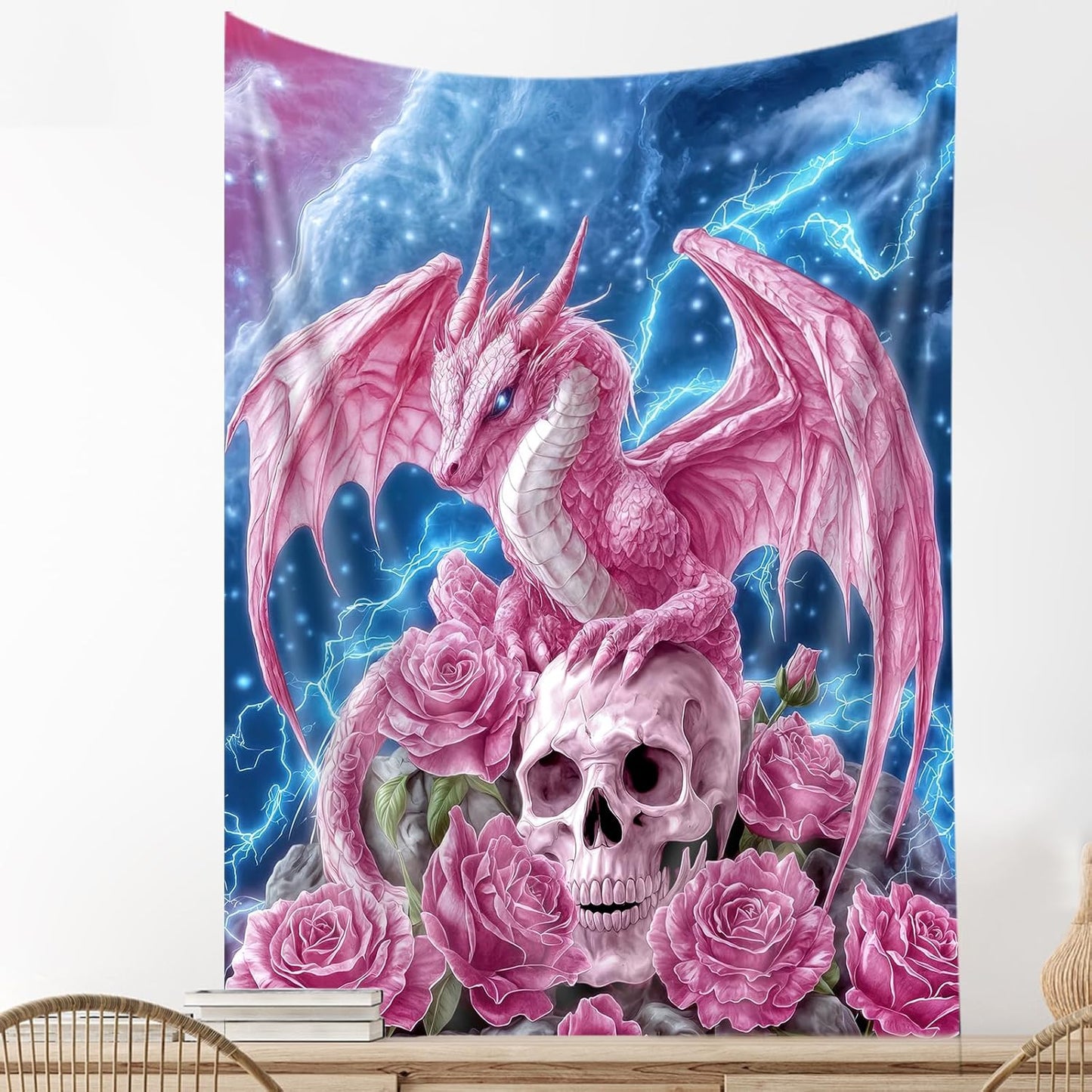 DYNH Pink Dragon Dragon Art Tapestry,Rose Flowers Skull Skeleton Gothic Tapestries,Lightning Flash Dreamy Wall Hanging for Bedroom Living Room,60X71Inches