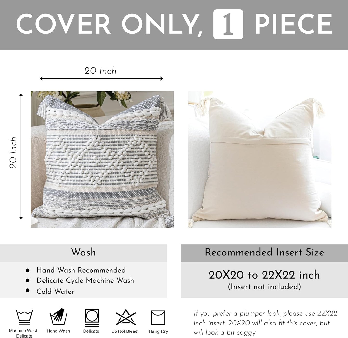 BlissBlush Gray Cream White Boho Throw Pillow Cover 20X20, Boho Woven Textured Pillow Cover, Neutral Pillow Cover, Sofa Couch Bed Farmhouse Lumbar Pillow (Cover ONLY)
