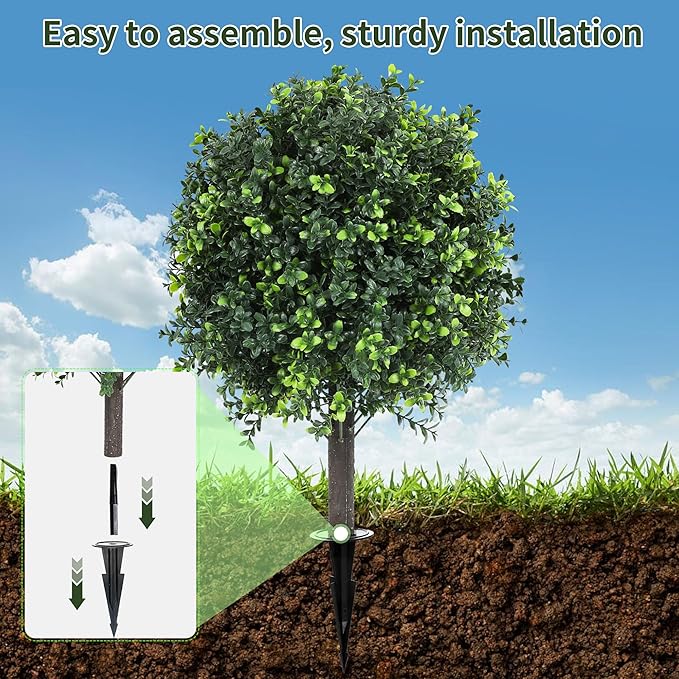 27.2" Artificial Boxwood Topiary Set of 2 with Spike, Fake Plants Boxwood Balls Greenery Bushes, Uv Resistant Artificial Outdoor Plants Shrubs for Front Porch Decor, Home Faux Plants Indoor