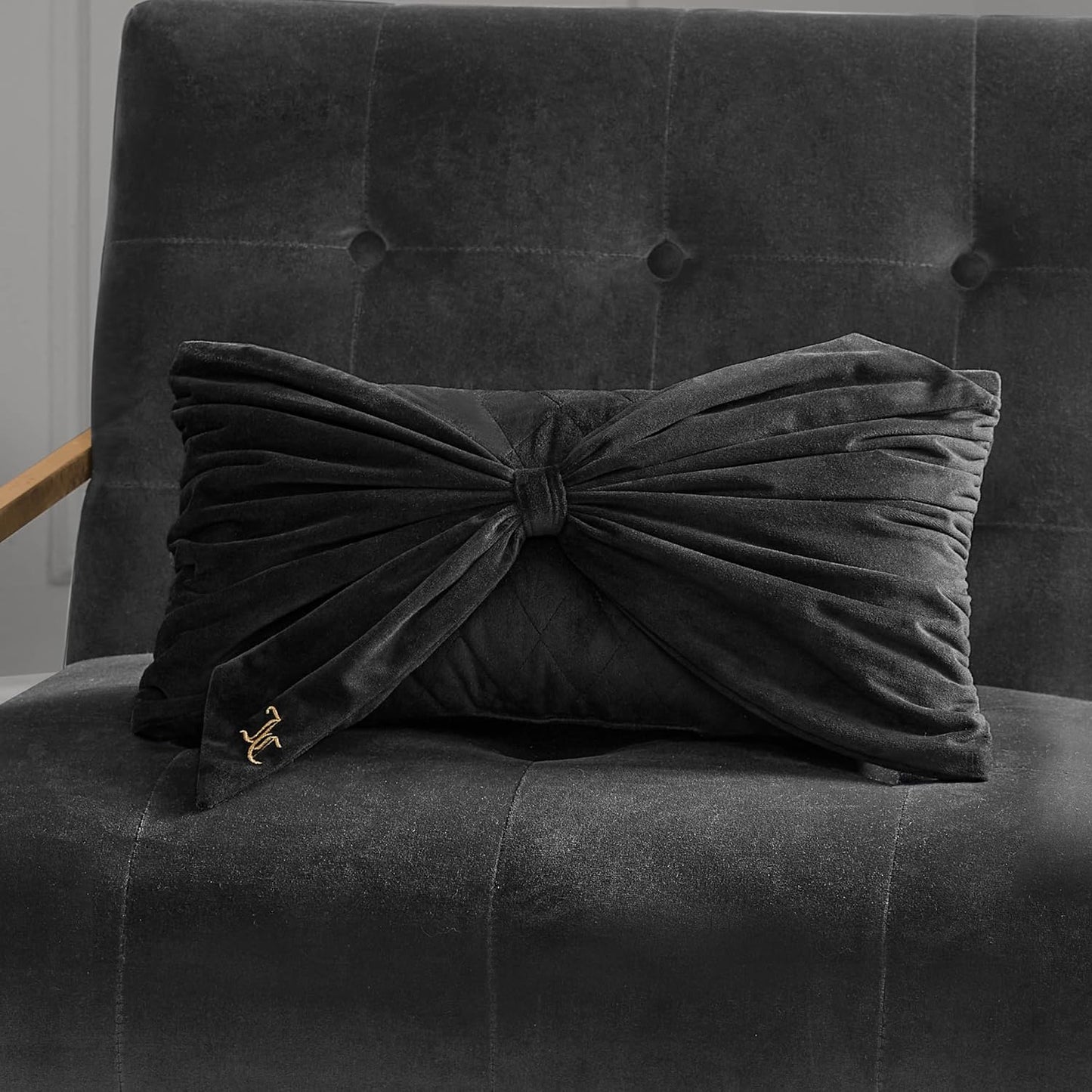 Juicy Couture Rectangle 1-Piece Decorative Accent, Premium Reversible Throw Pillow, Living Room and Bedroom Décor, 10"x18", Velvet Bow-Black