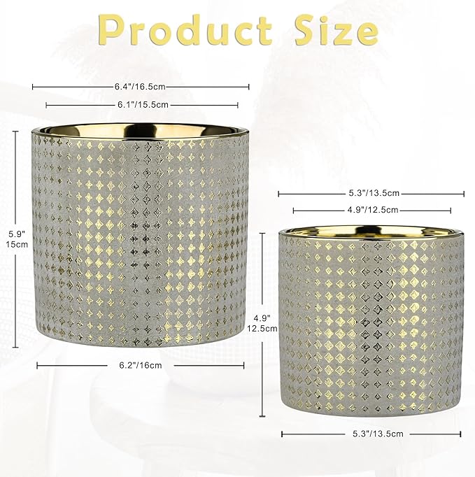 Grey Ceramic Plants Pot 5.3 + 6.4 Inch Gold Square Pots Set of 2 for for Indoor Outdoor Succulent Plants or Flowers Gold and Grey