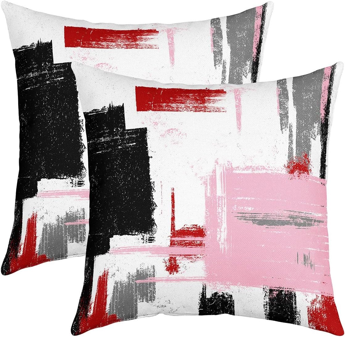 Feelyou Abstract Throw Pillow Covers for Couch Sofa Bed, Set of 2 Modern Abstract Art Decorative Pillows Cushion Covers, Black Red White Pink Pillow Inserts Not Included, 24x24 inch