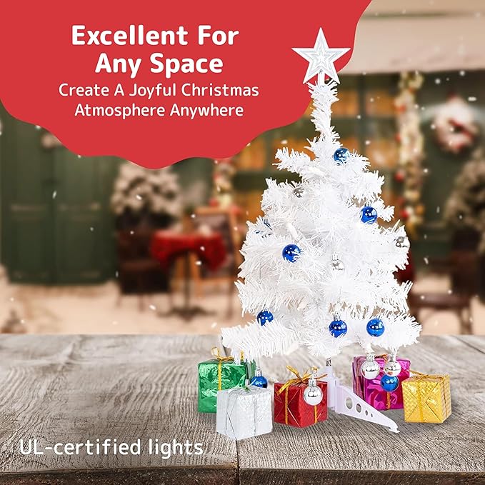 23-Inch Mini White Christmas Tree with Warm-White LED Lights - Small Xmas Decor with Lights and Star Treetop - DIY Tabletop Little Christmas Tree, Decorated Gift Boxes and Hanging Ornaments