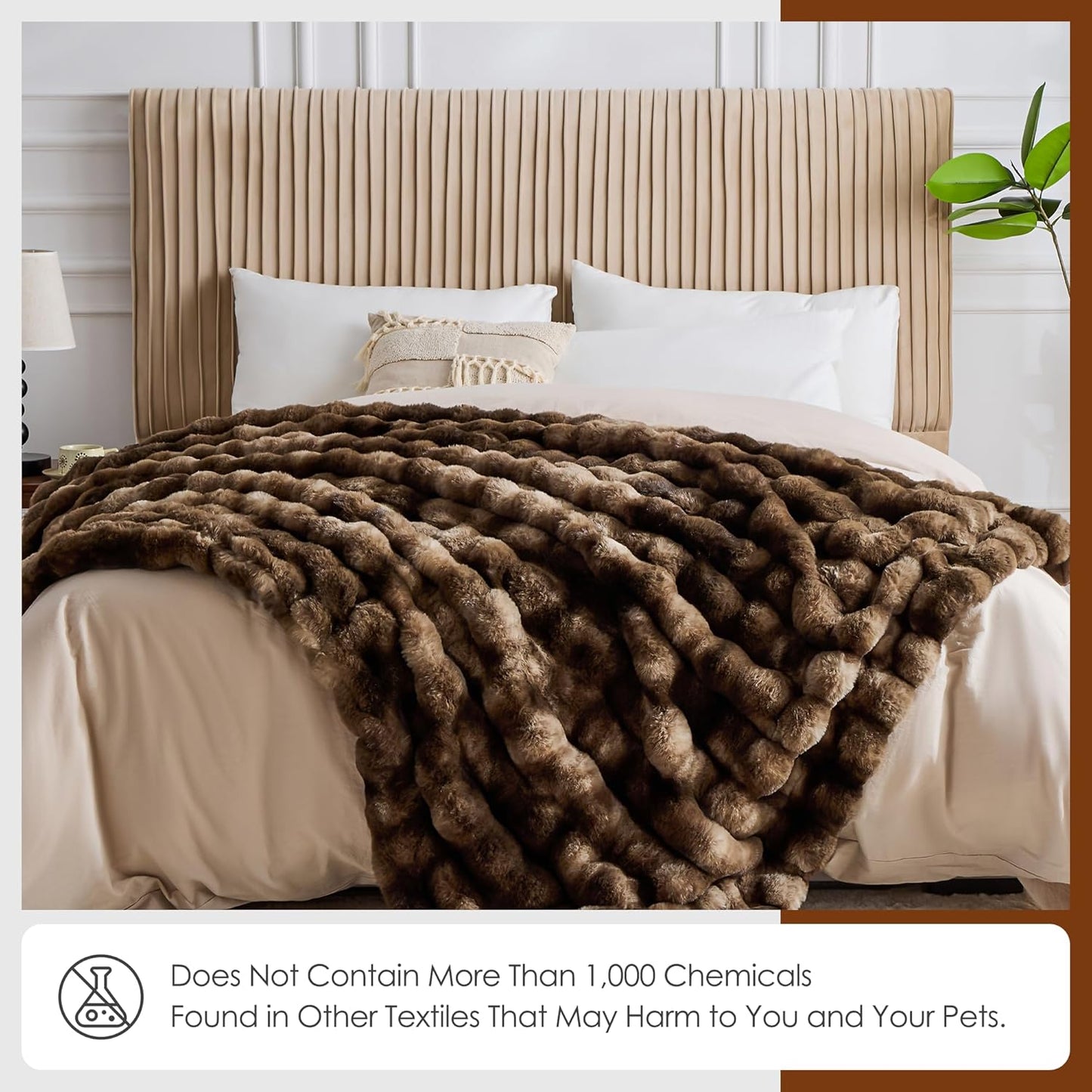 Luxury 1000GSM Faux Rabbit Fur Throw Blanket, Super Heavy Warm Cozy Blankets for Couch Bed Sofa, Bubble Plush Fuzzy Elegant Soft Reversible Mink Blanket for Living Room Bedroom, Brown