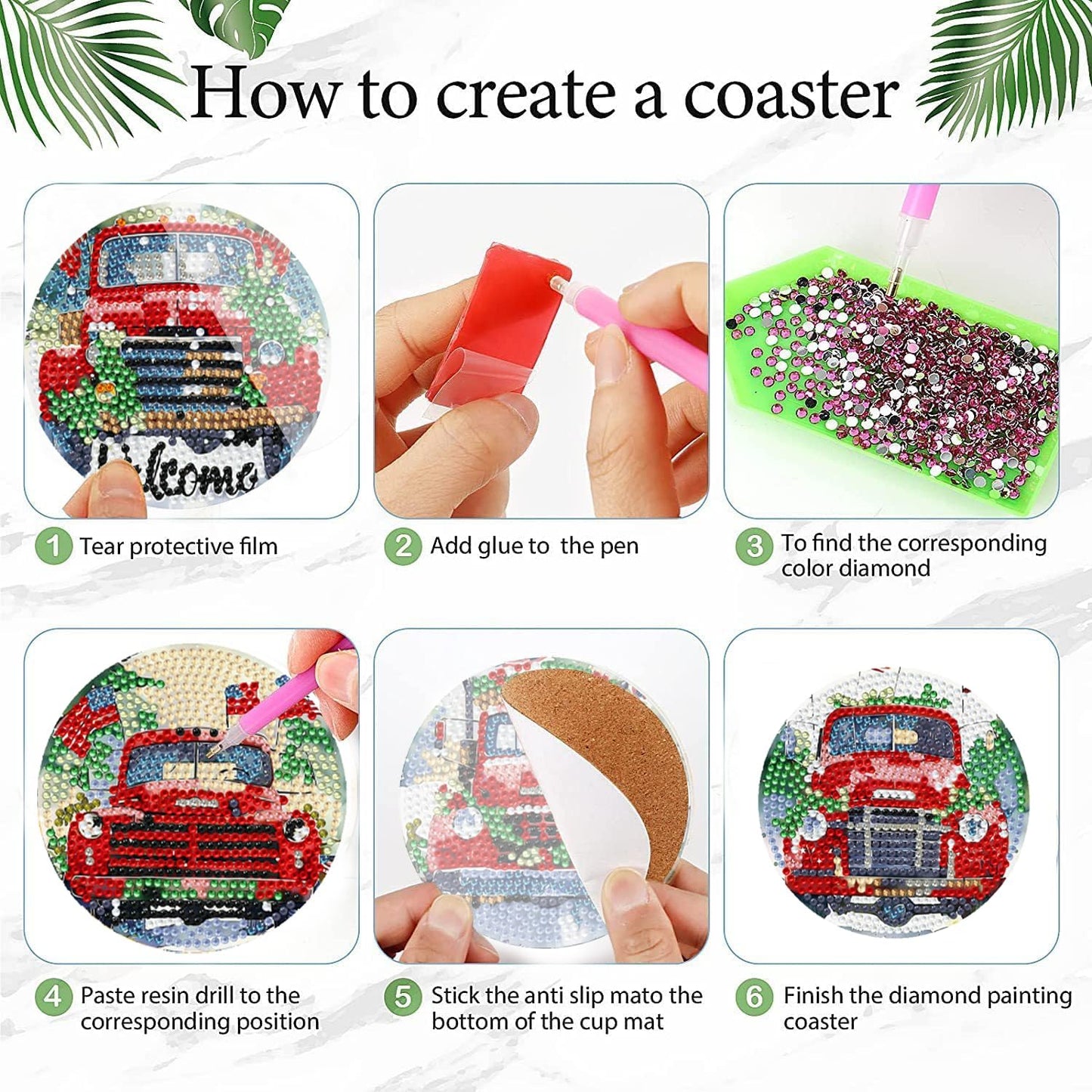 Leatrice Diamond Art Coasters Set of 6, Small Diamond Painting Kits for Adults Beginners Women, Gem Art Coasters with Holder, Funny Arts Supplies for Kitchen Decor Christmas Truck