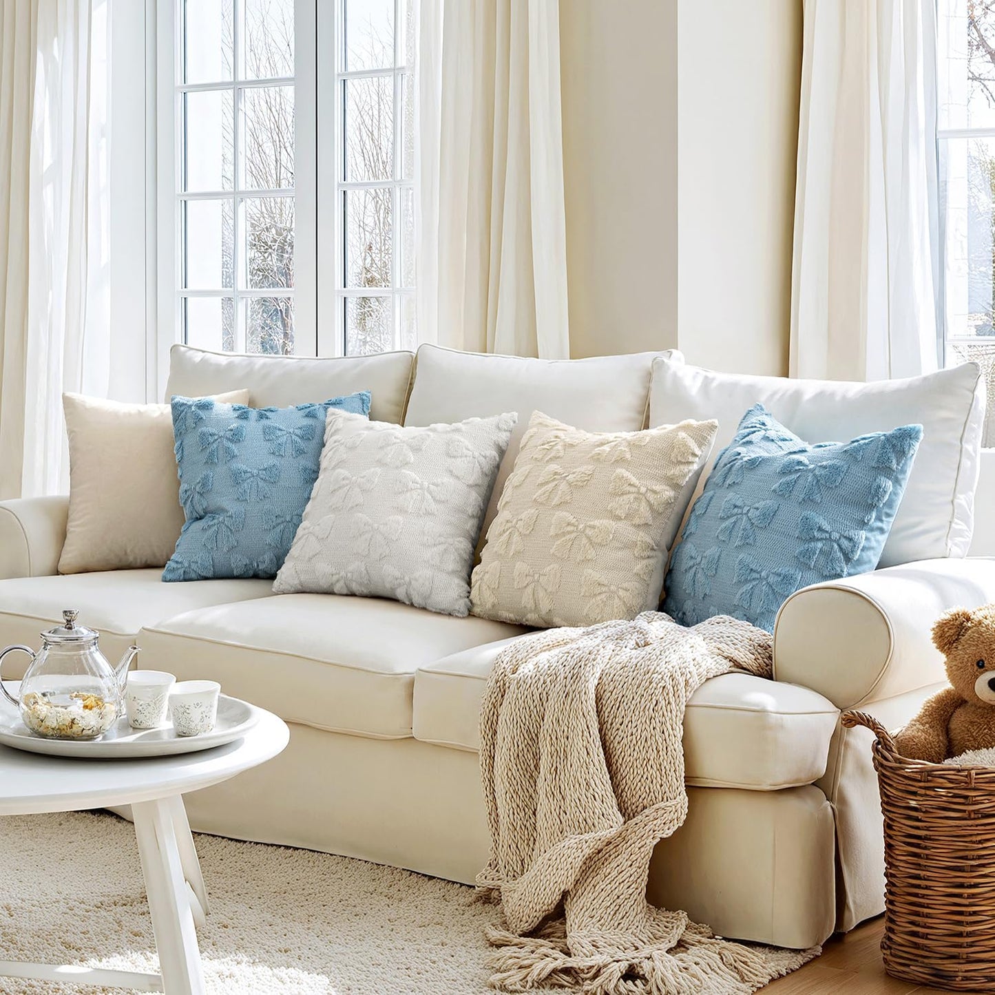 MIULEE Blue Bow Pillow Covers Coquette Room Decor Aesthetic Set of 2 Decorative Cute Girl Throw Pillow Soft Plush Faux Pillowcase for Girl Bed Couch Sofa,18x18 Inch