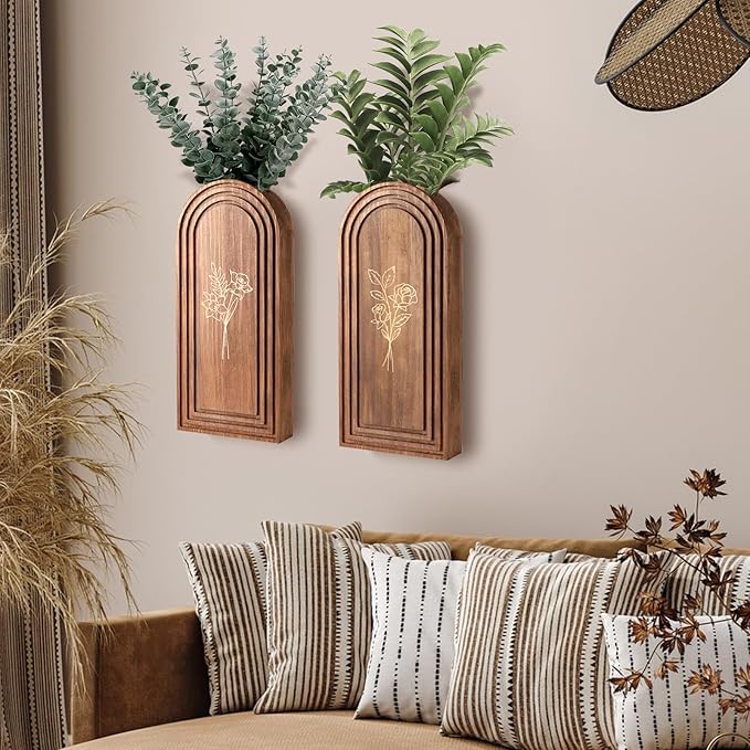 2 Pack Wooden Wall Vase Set, Farmhouse Modern Boho Pocket Vases Planter Wall Decor for Living Room, Bedroom, Entryway, Hallway, Dining Room, Narrow Spaces