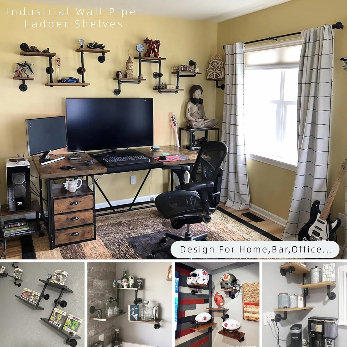 Industrial Rustic Modern Wood Ladder Pipe Wall Mounted Floating Shelves - Set of 3 Bookshelf,DIY Storage Shelving,Hung Bracket,Bookcase (Set of 3 Ladder Shelves)