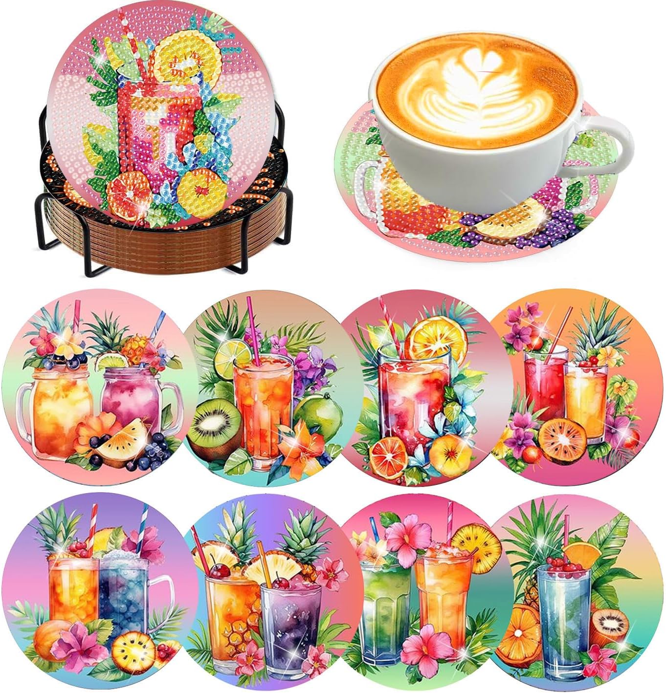 Meothan 8 Pcs Diamond Art Coasters Kits for Adults with Holder Cork Pads, Diamond Dots Art Painting Coasters Crafts Kit for Home Office Decor (Summer Cocktails)