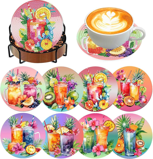 Meothan 8 Pcs Diamond Art Coasters Kits for Adults with Holder Cork Pads, Diamond Dots Art Painting Coasters Crafts Kit for Home Office Decor (Summer Cocktails)