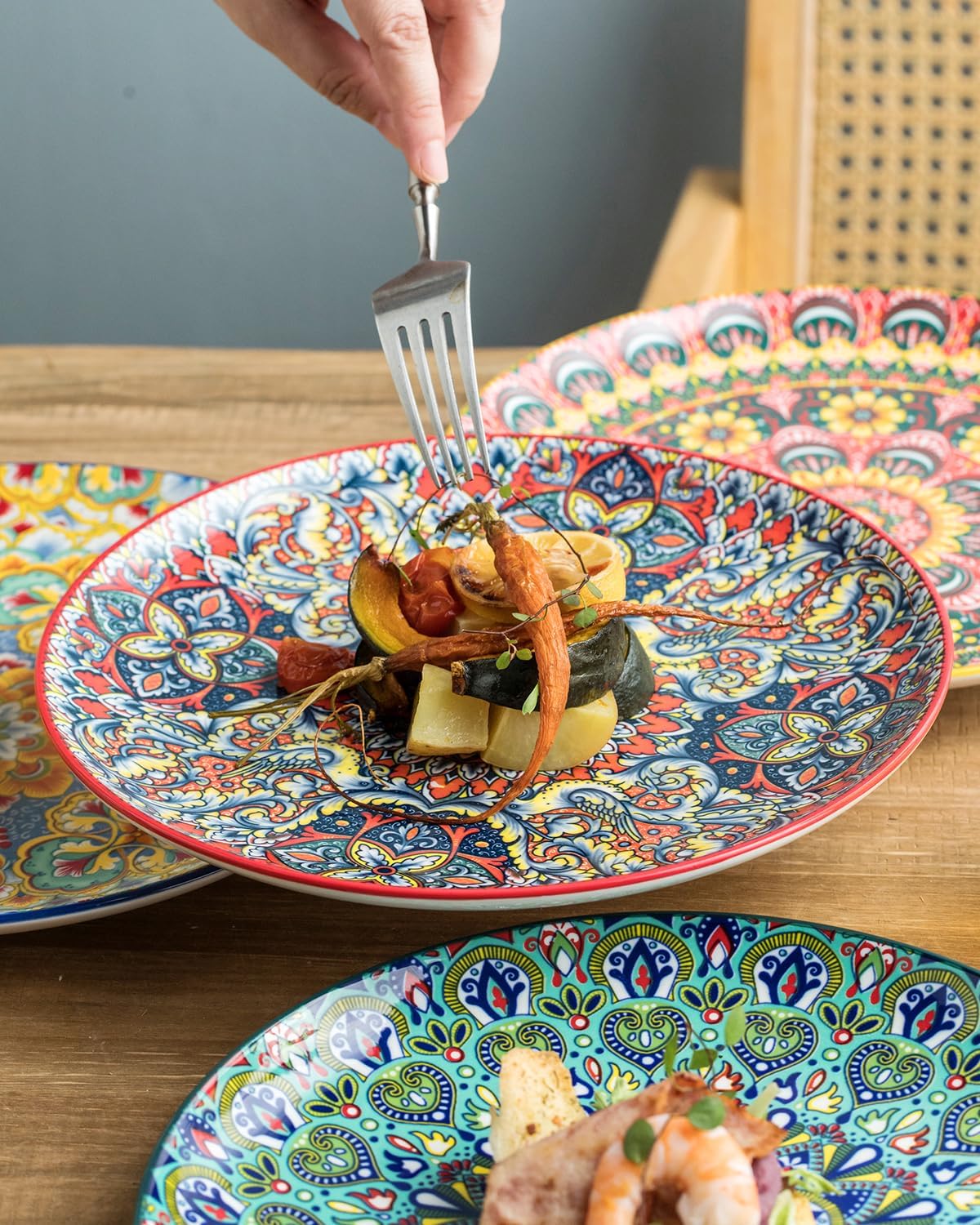 Dinner Plate Set of 6, 10.5-inch Large Plate for Dessert, Pasta, Salad, Ceramic Bohemian Dishes for Kitchen Microwave Dishwasher Safe