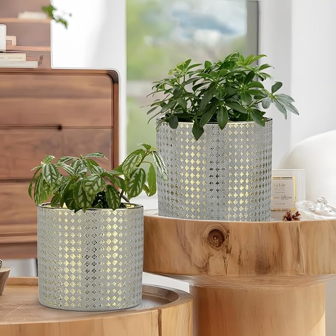 Grey Ceramic Plants Pot 5.3 + 6.4 Inch Gold Square Pots Set of 2 for for Indoor Outdoor Succulent Plants or Flowers Gold and Grey