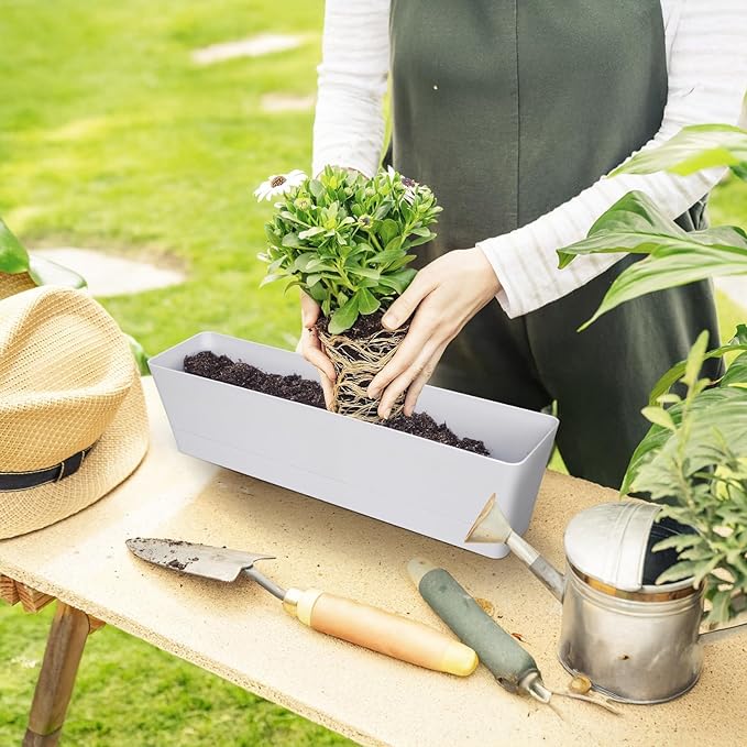 GREANER Long Window Boxes Planters, 6 Pack 16x3.8 Inch Vegetable Box Pot with Tray, Indoor Succulent Cactus Flowers Plastic Rectangle Pot for Balcony, Office, Garden, Outdoor, Windowsill - White