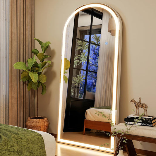 GLSLAND 26"x68" Arched LED Full Length Mirror with Lights Wall Mounted/Standing, Dimmable Floor Lighted Mirrors W/Anti-Fog, Touch Control for Bedroom, Dressing Room