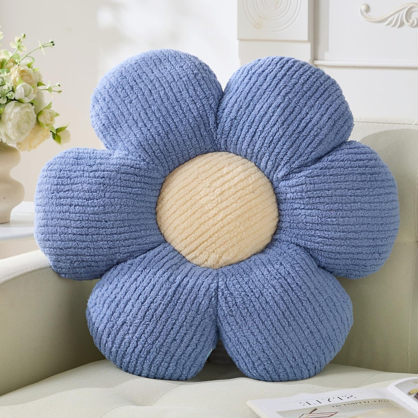 Daisy Pillow, Blue Flower Shaped Throw Pillow Cushion - 15.75" Plush Throw Pillow for Home Decor