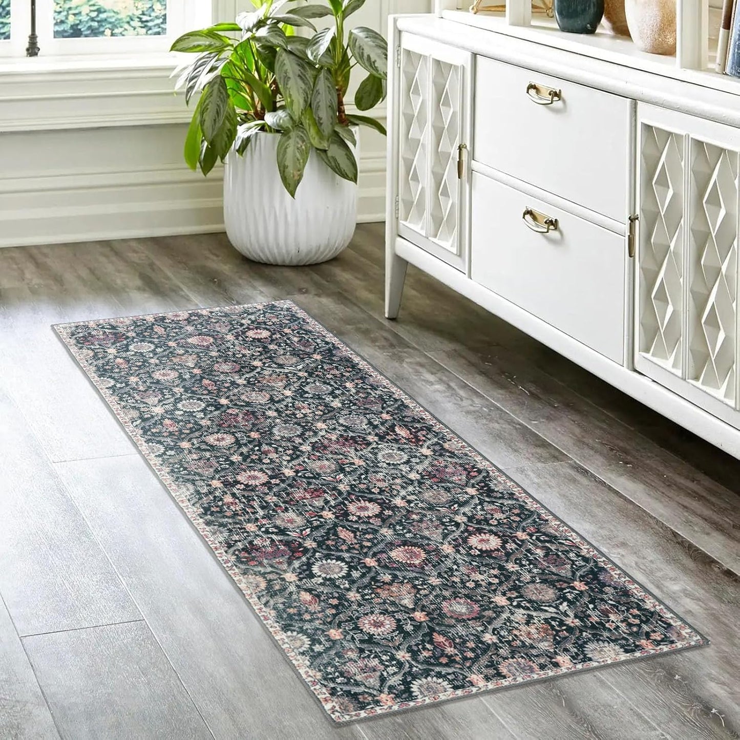 Lahome Moroccan Trellis Washable Runner Rug, 2x6 Kitchen Runners for Hallways 6 Feet Non Slip, Vintage Laundry Room Rug Ultra-Thin Long Carpet for Bathroom Bedroom Entryway, Black/Multi